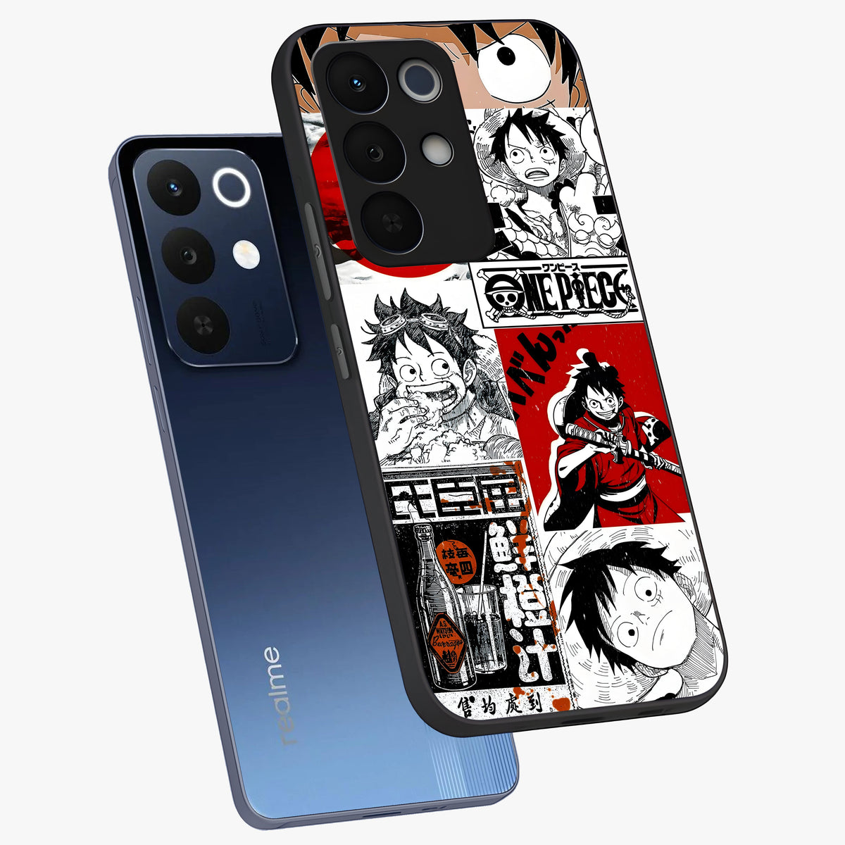 Strawhat Chaos Panels Glass Case displayed in angled mockup highlighting vibrant anime collage design with action aesthetic.