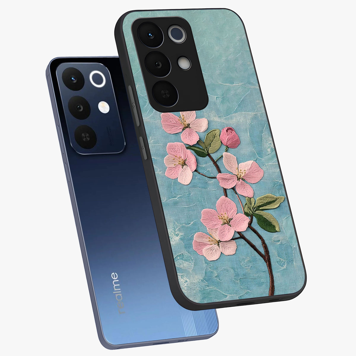 Threaded Blossom Breeze Glass Case displayed in angled mockup highlighting elegant floral design with soft aesthetic style.