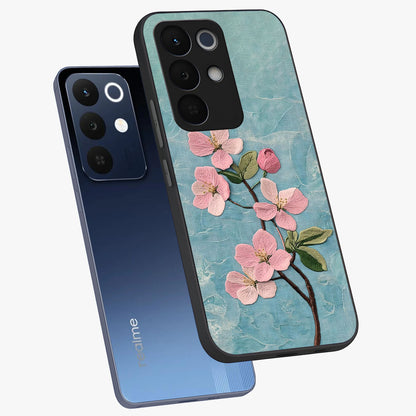 Threaded Blossom Breeze Glass Case displayed in angled mockup highlighting elegant floral design with soft aesthetic style.