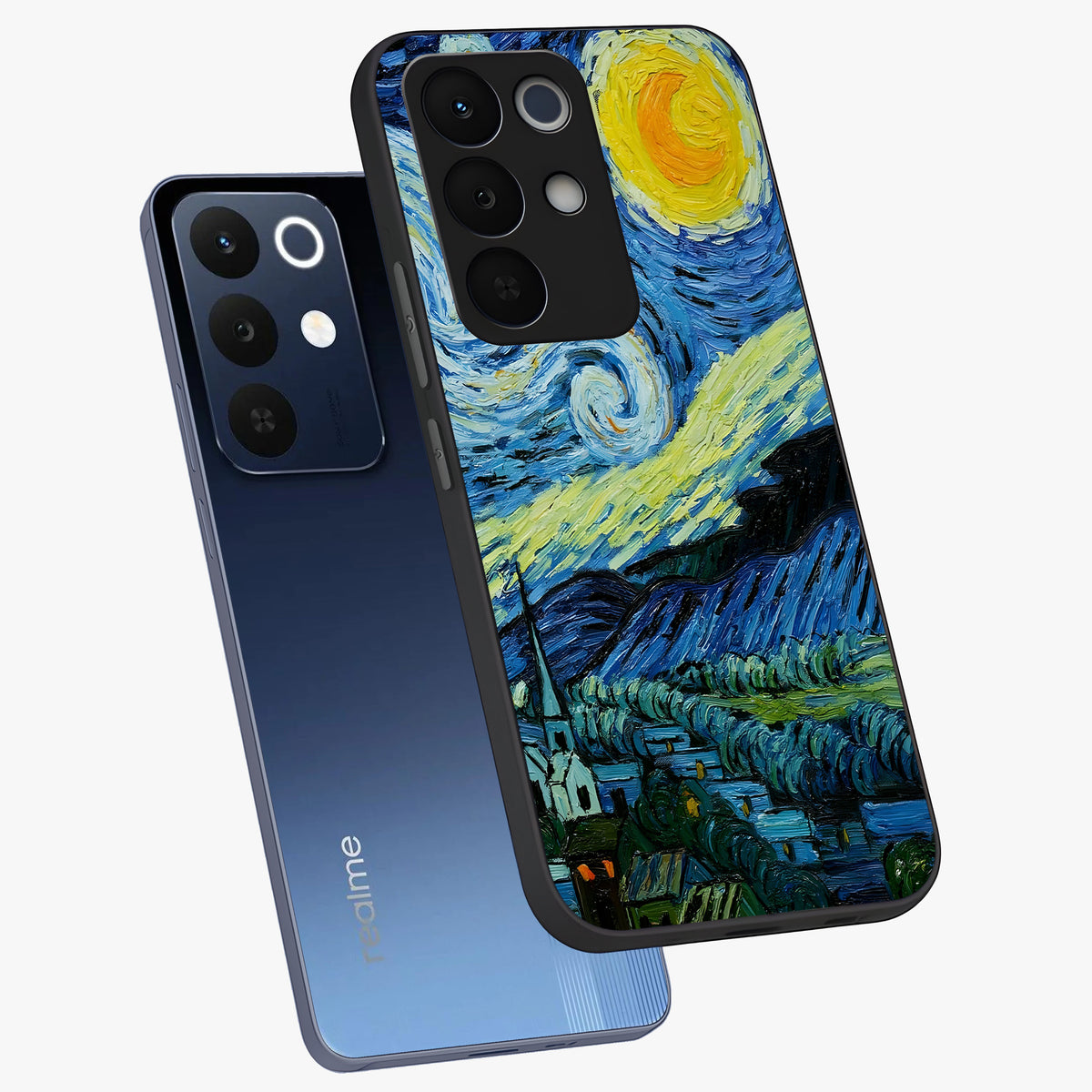 Van Gogh Art Glass Case displayed in angled mockup highlighting swirling brushstroke design with artistic aesthetic.
