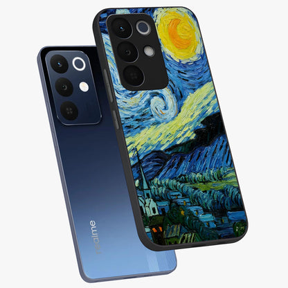 Van Gogh Art Glass Case displayed in angled mockup highlighting swirling brushstroke design with artistic aesthetic.