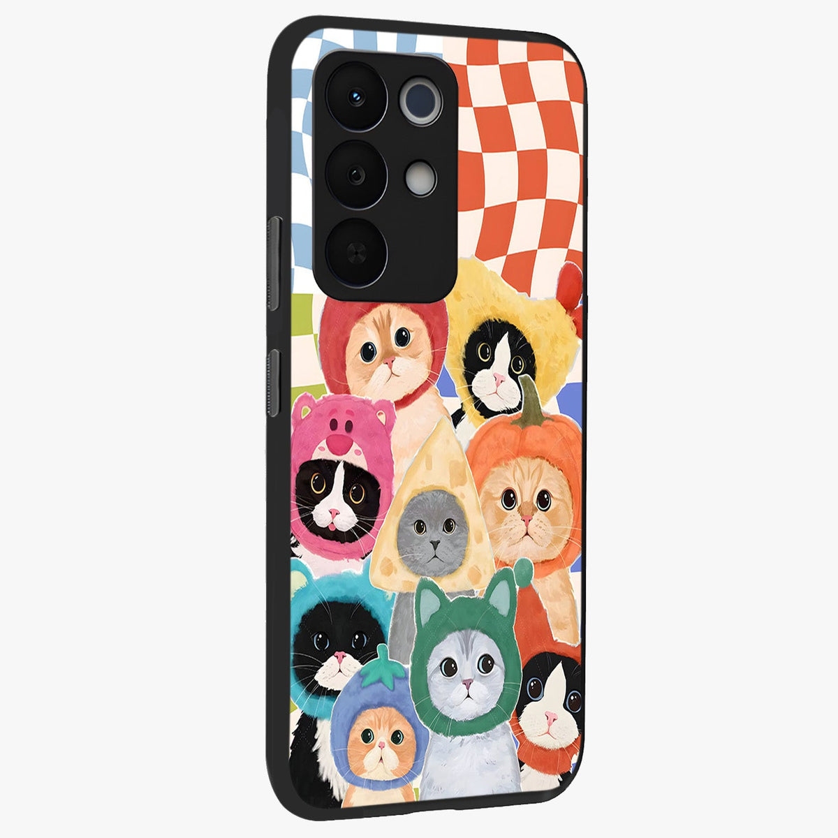 Cats in Fruits Glass Case upright view showcasing charming cat artwork with fun fruity theme.
