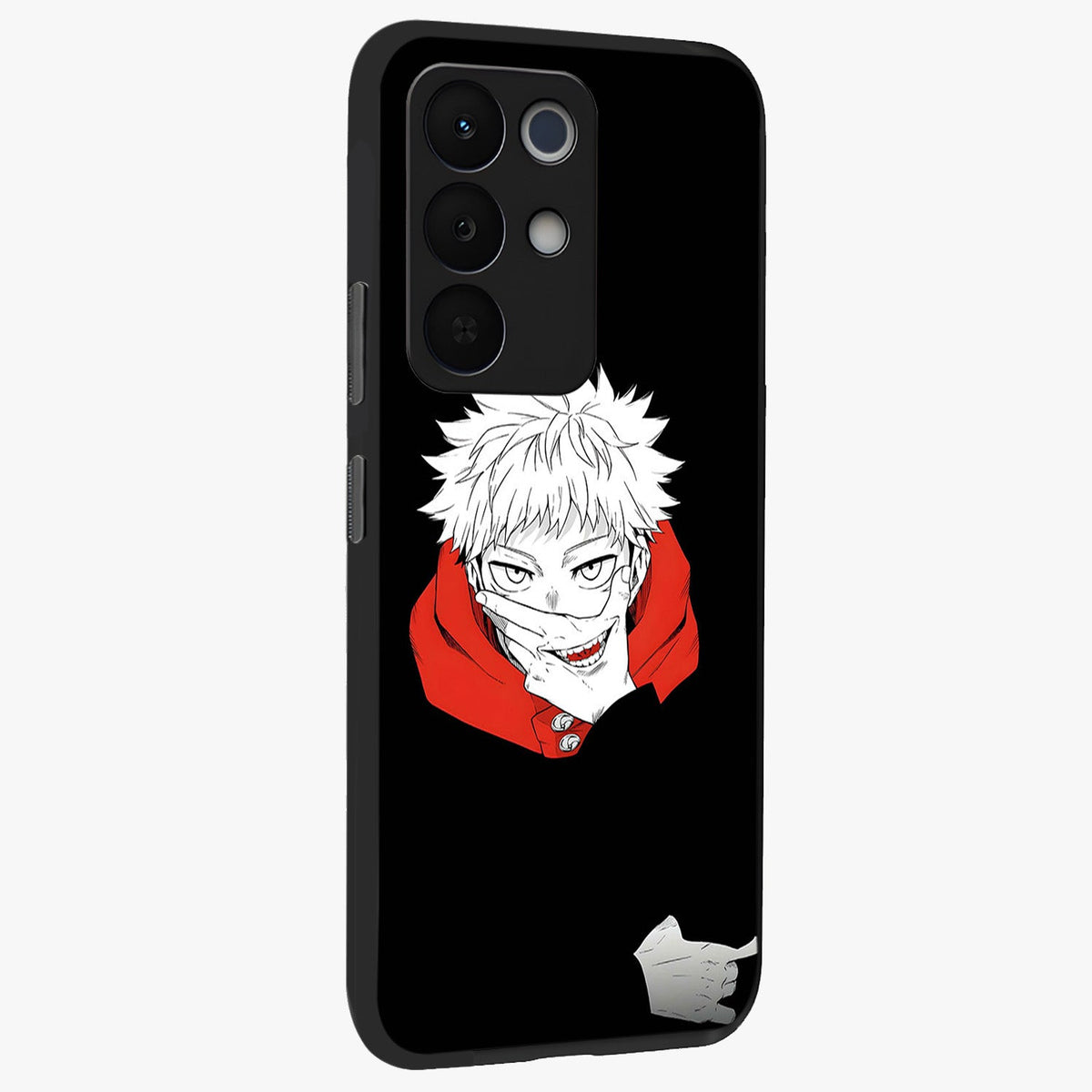 Crimson Chaos Smile Glass Case upright view showcasing expressive chaotic artwork with striking visual theme.