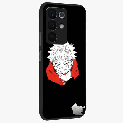 Crimson Chaos Smile Glass Case upright view showcasing expressive chaotic artwork with striking visual theme.