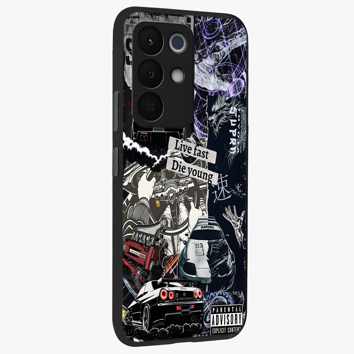Die Young Glass Case upright view showcasing striking typography artwork with modern statement theme.