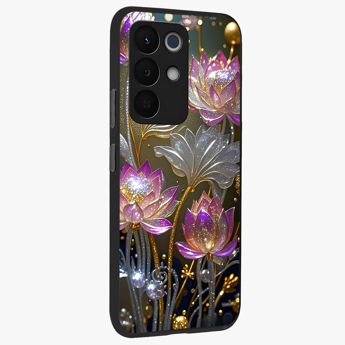 Golden Floral Majesty Glass Case upright view showcasing majestic floral artwork with rich decorative theme.