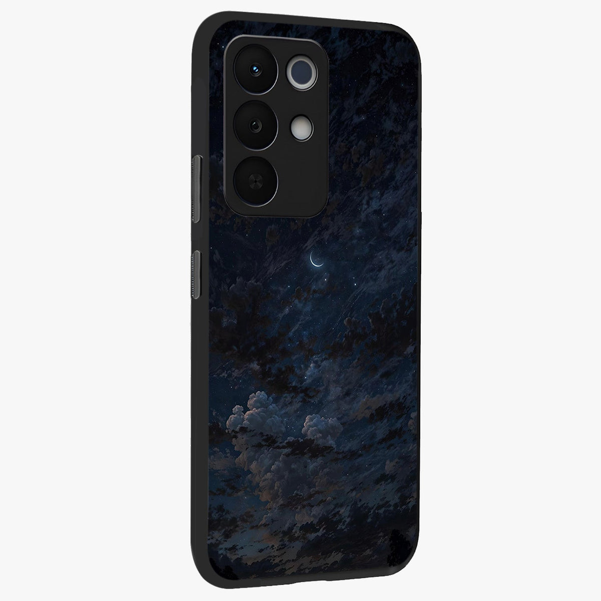 Lunar Veil Silence Glass Case upright view showcasing calm moon themed artwork with serene night atmosphere.