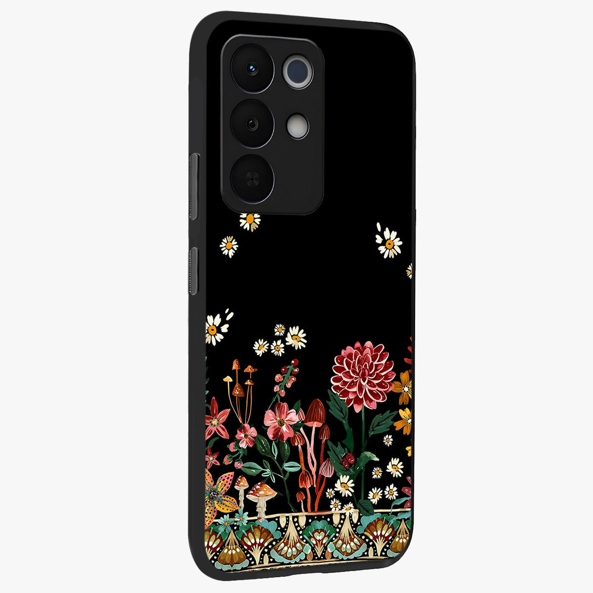 Midnight Bloom Pattern Glass Case upright view showcasing decorative floral artwork with deep night themed palette.