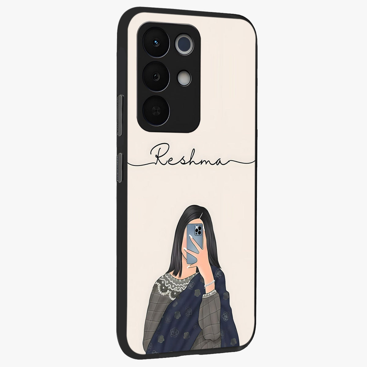 Mirror Mood Muse With Custom Name Glass Case upright view showcasing artistic mirror themed artwork with personalized aesthetic.