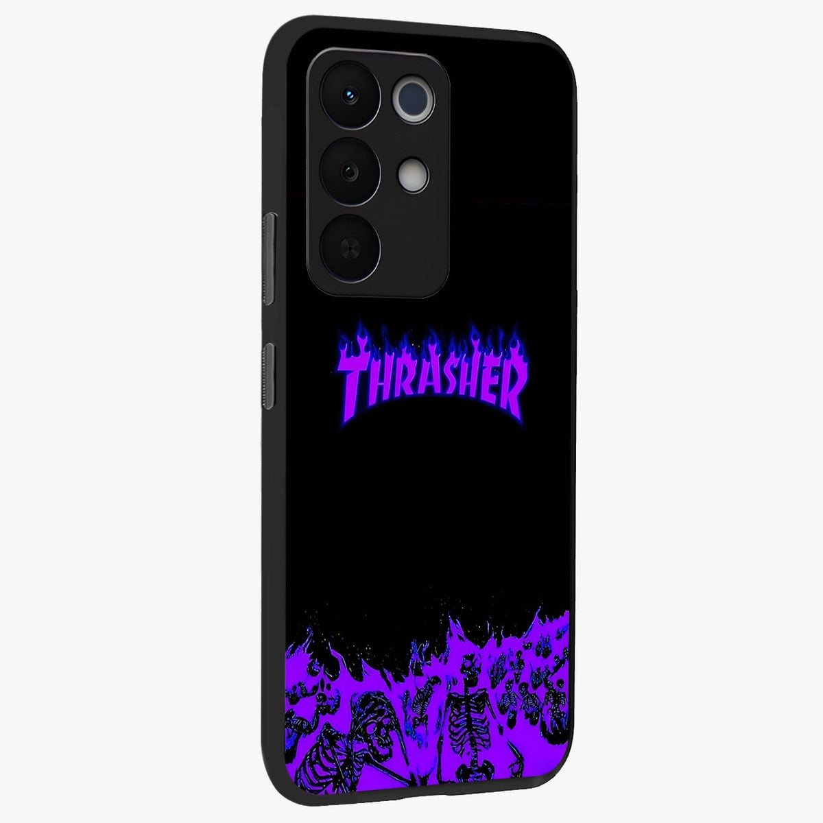 Neon Flame Riot Glass Case upright view showcasing dynamic flame artwork with energetic neon theme.