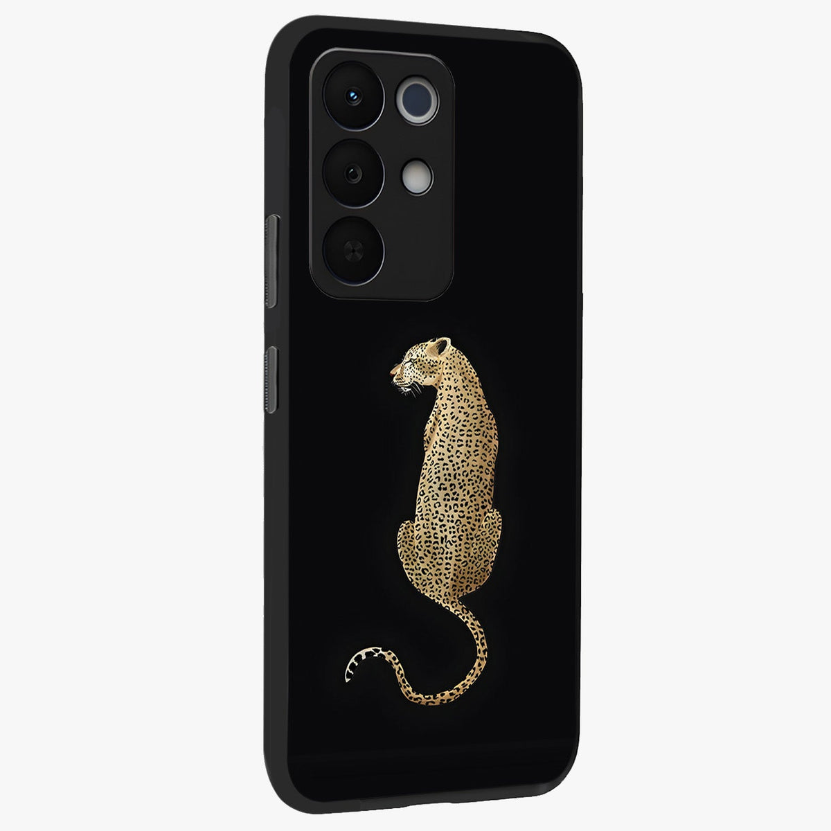Regal Leopard Glass Case upright view showcasing striking leopard artwork with fierce wildlife theme.