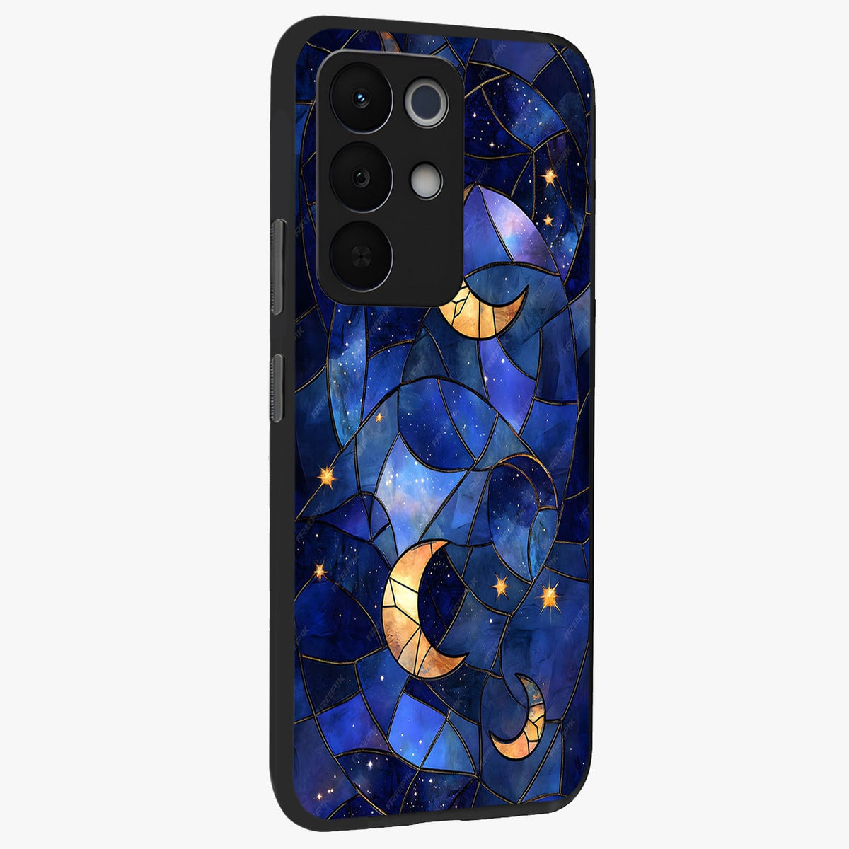 Starlit Sky Tapestry Glass Case upright view showcasing elegant starry sky artwork with cosmic decorative theme.