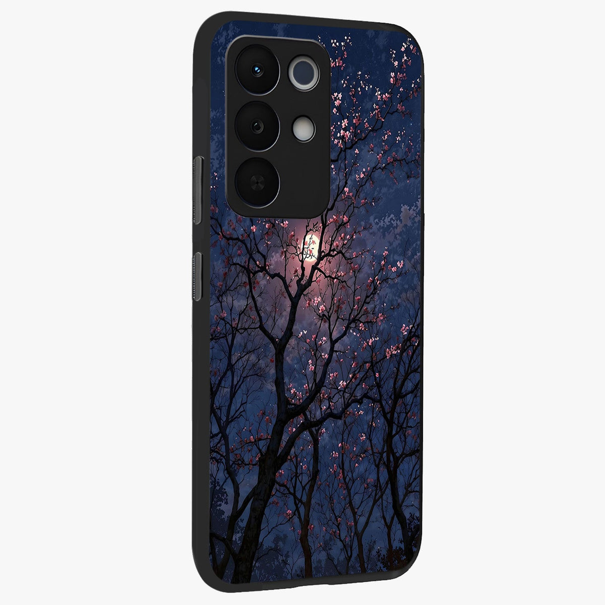 Twilight Sakura Serenade Glass Case upright view showcasing beautiful cherry blossom artwork with serene evening theme.