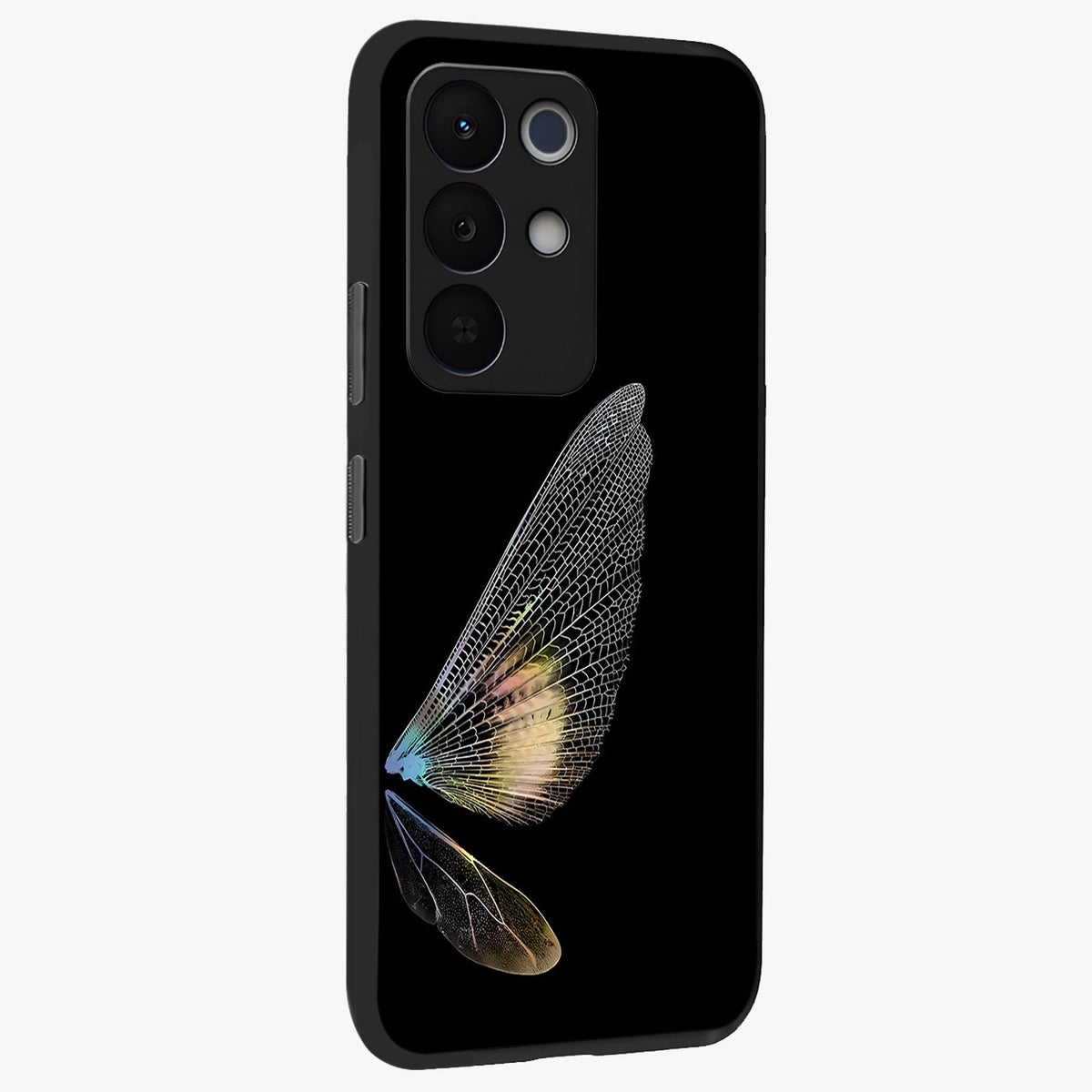 Whispers Of Wings Glass Case upright view showcasing elegant wing artwork with light airy theme.