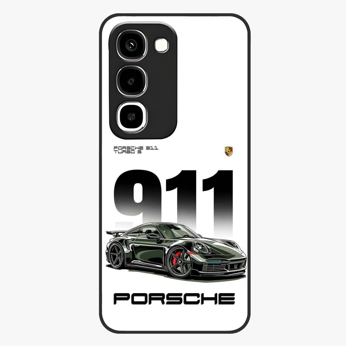 911 Turbo Dominance Glass Case showing clean flat back view with bold 911 sports car artwork and glossy glass finish.