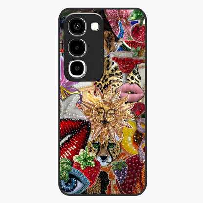 Beaded Fashion Jungle Glass Case showing flat back view with vibrant jungle inspired bead artwork and glossy glass finish.