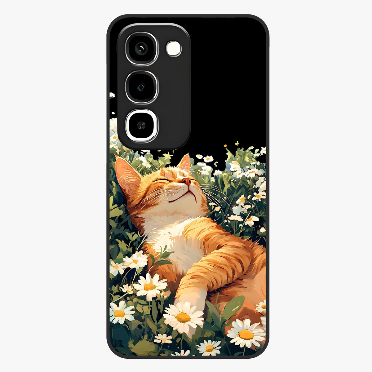 Blissful Bloom Cat Glass Case showing flat back view with cute cat and floral bloom artwork and glossy glass finish.