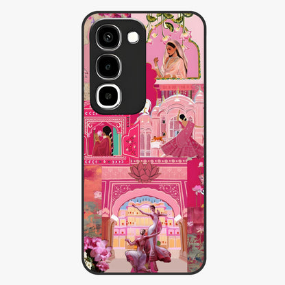 Blossoms of Rajasthan Glass Case showing flat back view with traditional floral artwork inspired by Rajasthan and glossy glass finish.