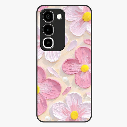 Blush Bloom Texture Glass Case showing flat back view with soft blush floral texture artwork and glossy glass finish.