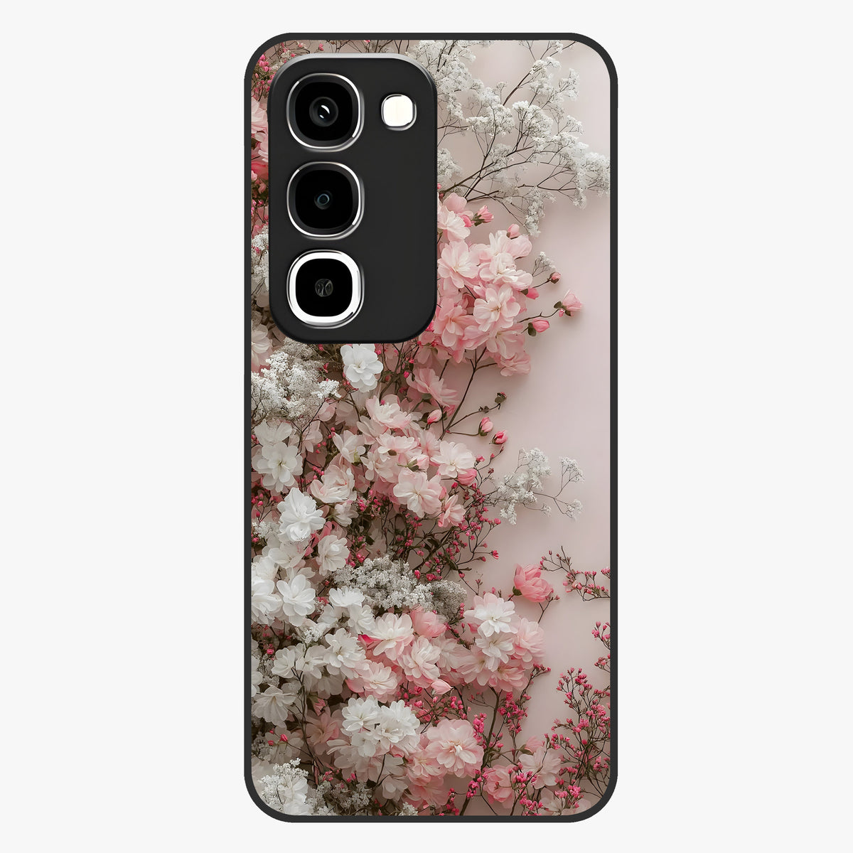 Blush Blossom Cloud Glass Case showing flat back view with dreamy blush cloud blossom artwork and glossy glass finish.