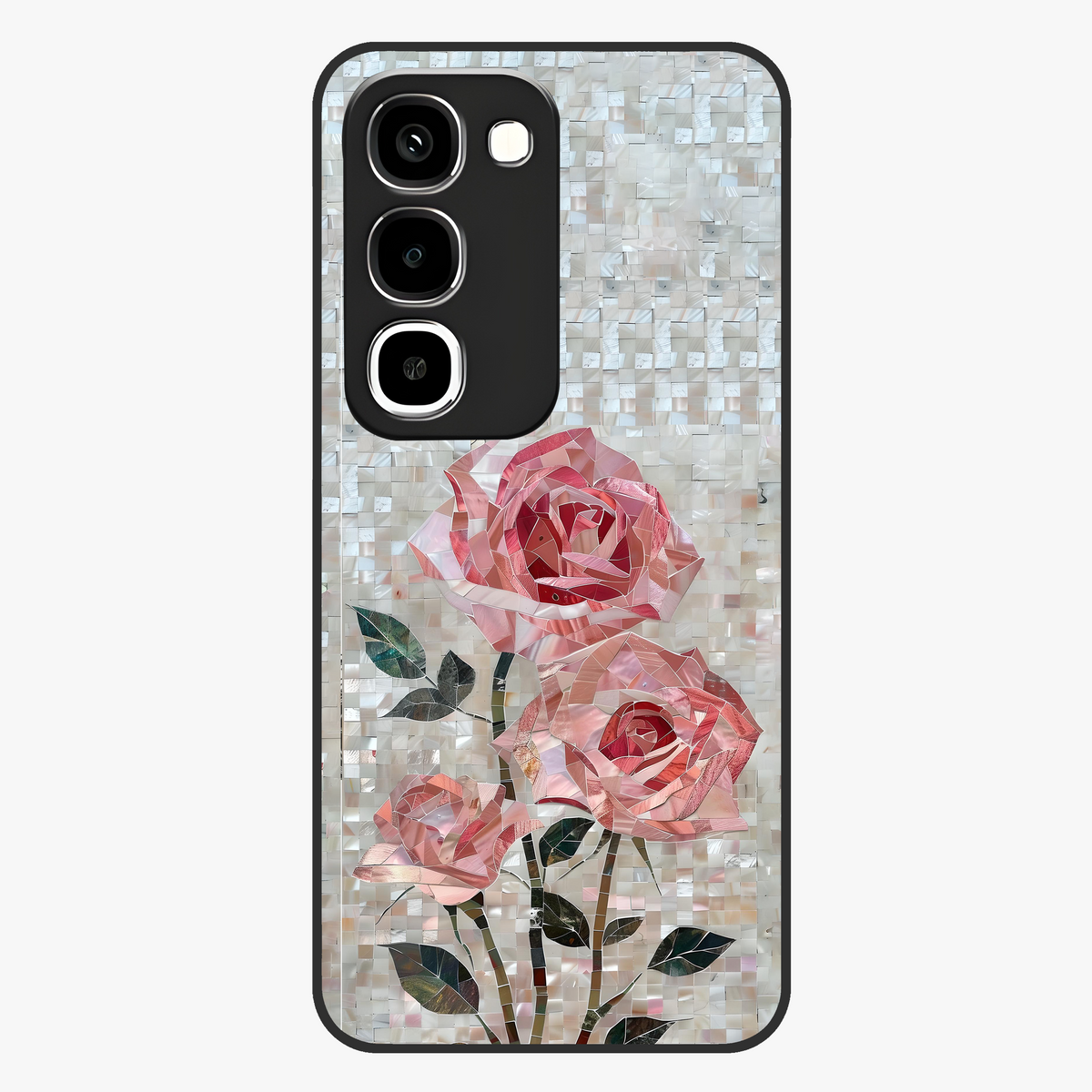 Blush Mosaic Bloom Glass Case showing flat back view with mosaic floral bloom artwork and glossy glass finish.