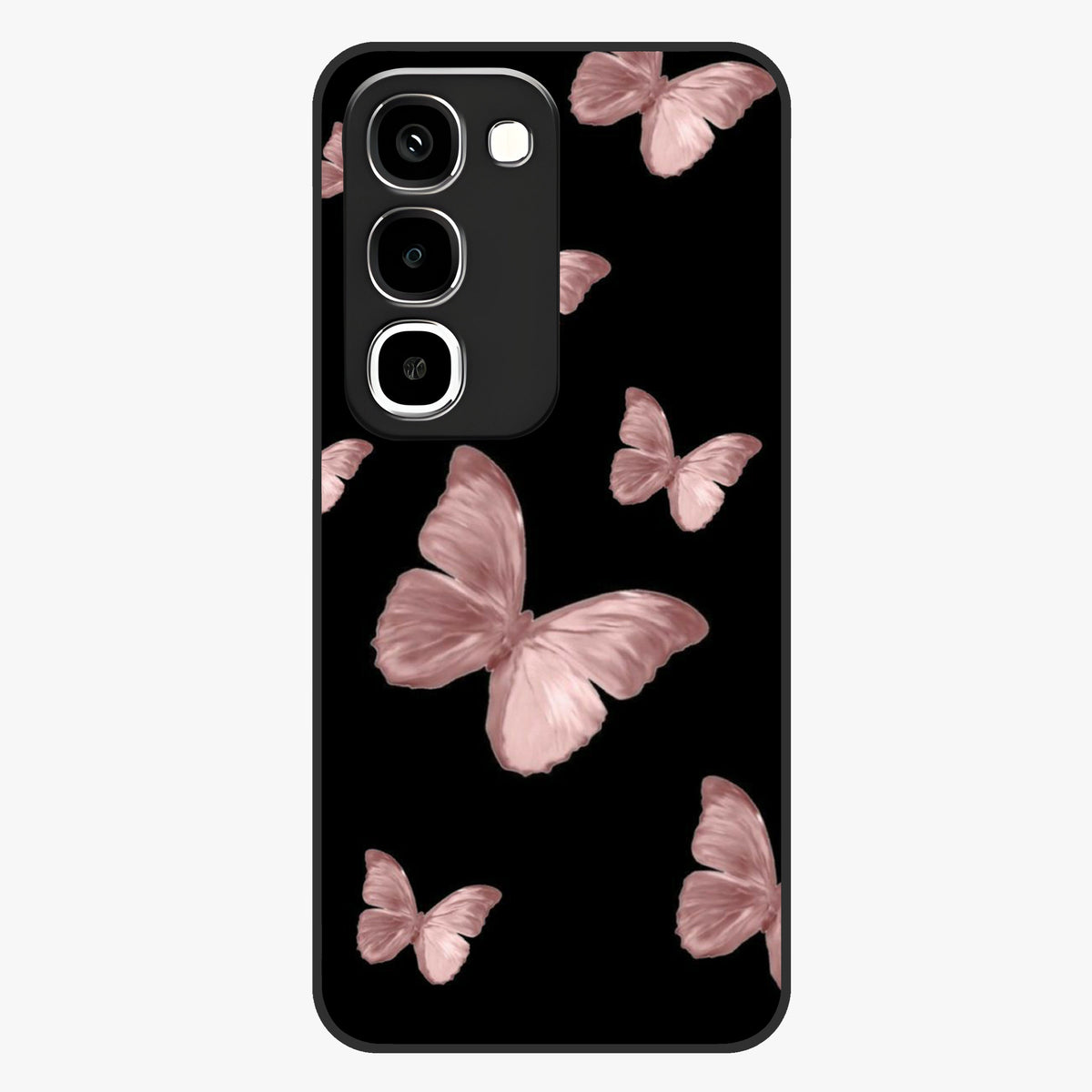 Butterfly Pattern Glass Case showing flat back view with elegant butterfly pattern artwork and glossy glass finish.