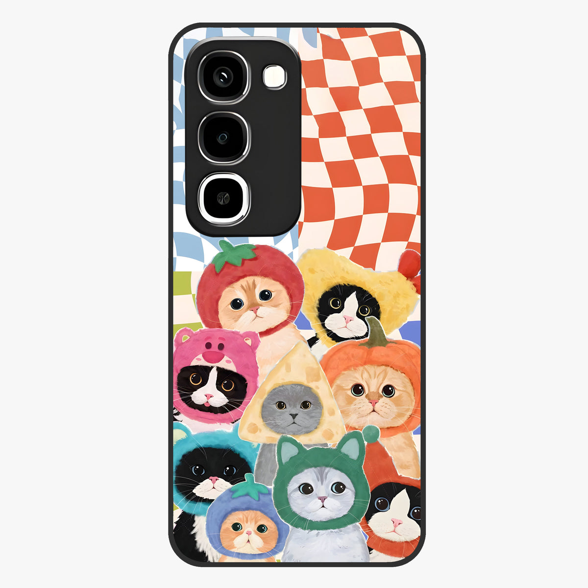 Cats in Fruits Glass Case showing flat back view with playful cat illustrations inside fruit artwork and glossy glass finish.