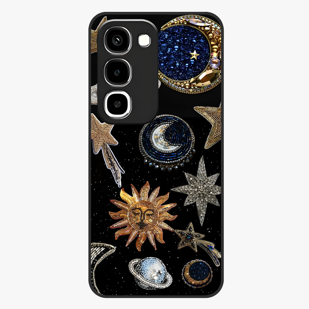 Celestial Gem Constellations Glass Case showing flat back view with sparkling constellation artwork and glossy glass finish.