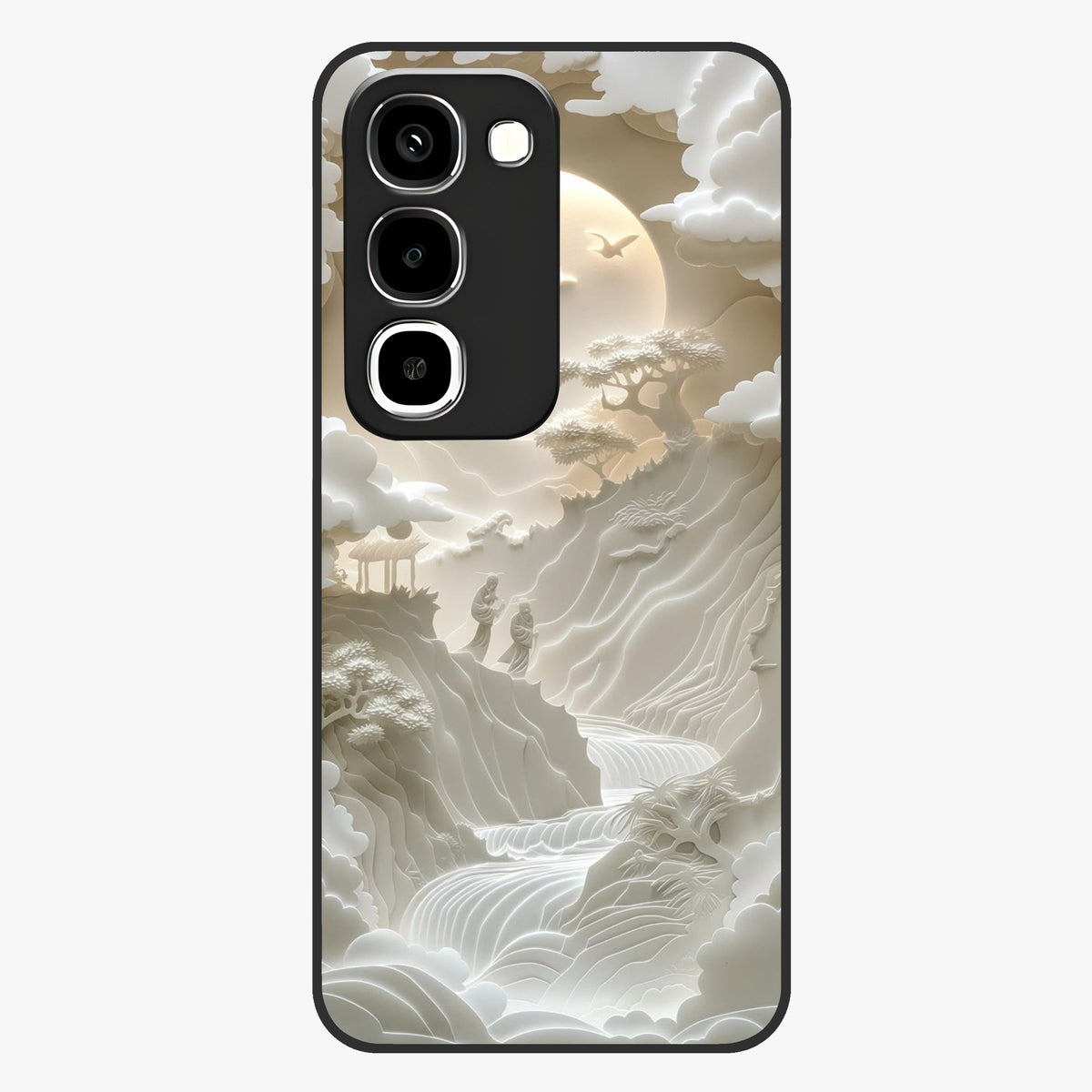 Celestial Origami Glass Case showing flat back view with artistic origami inspired celestial artwork and glossy glass finish.