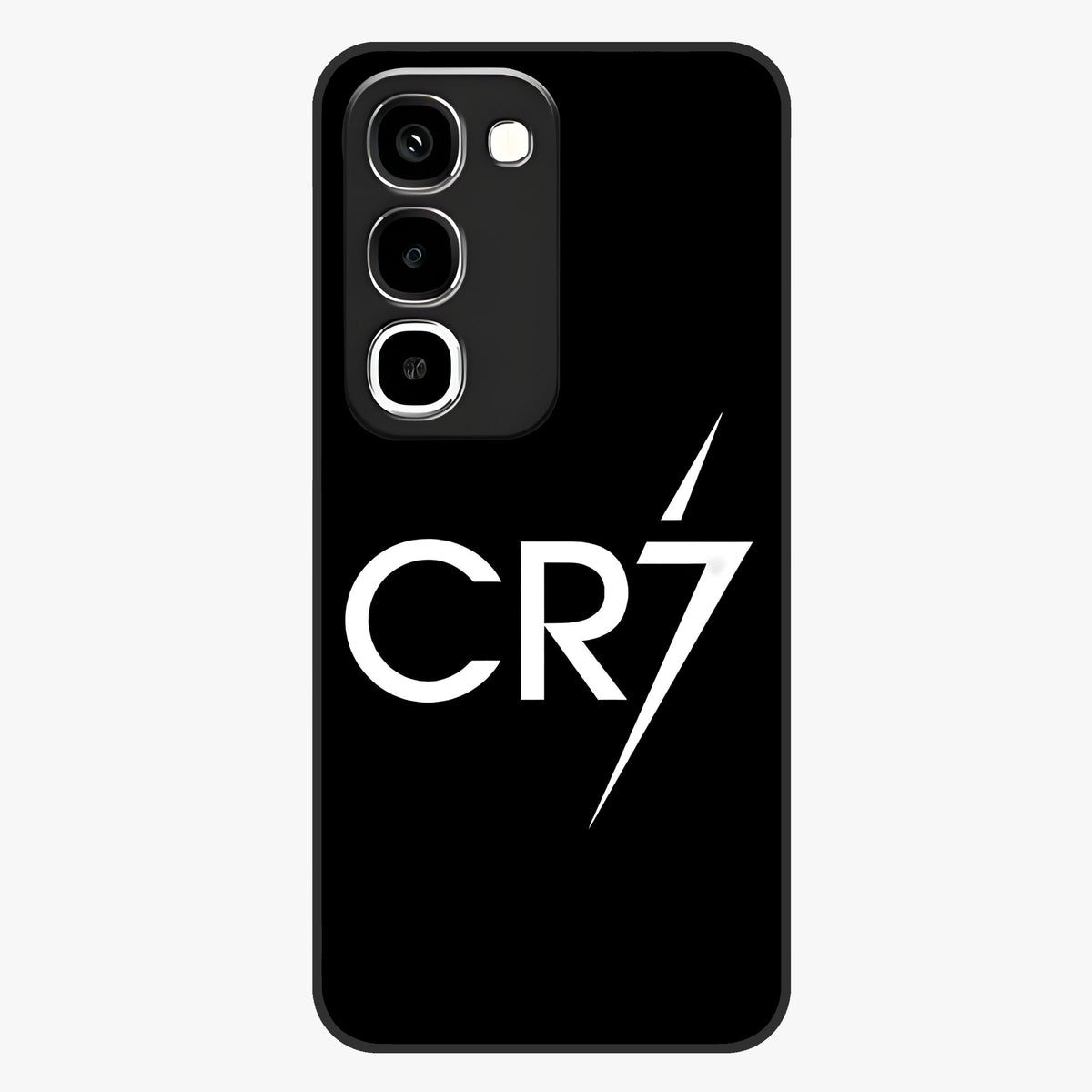 Cr7 Elite Strike Glass Case showing flat back view with dynamic football inspired artwork and glossy glass finish.