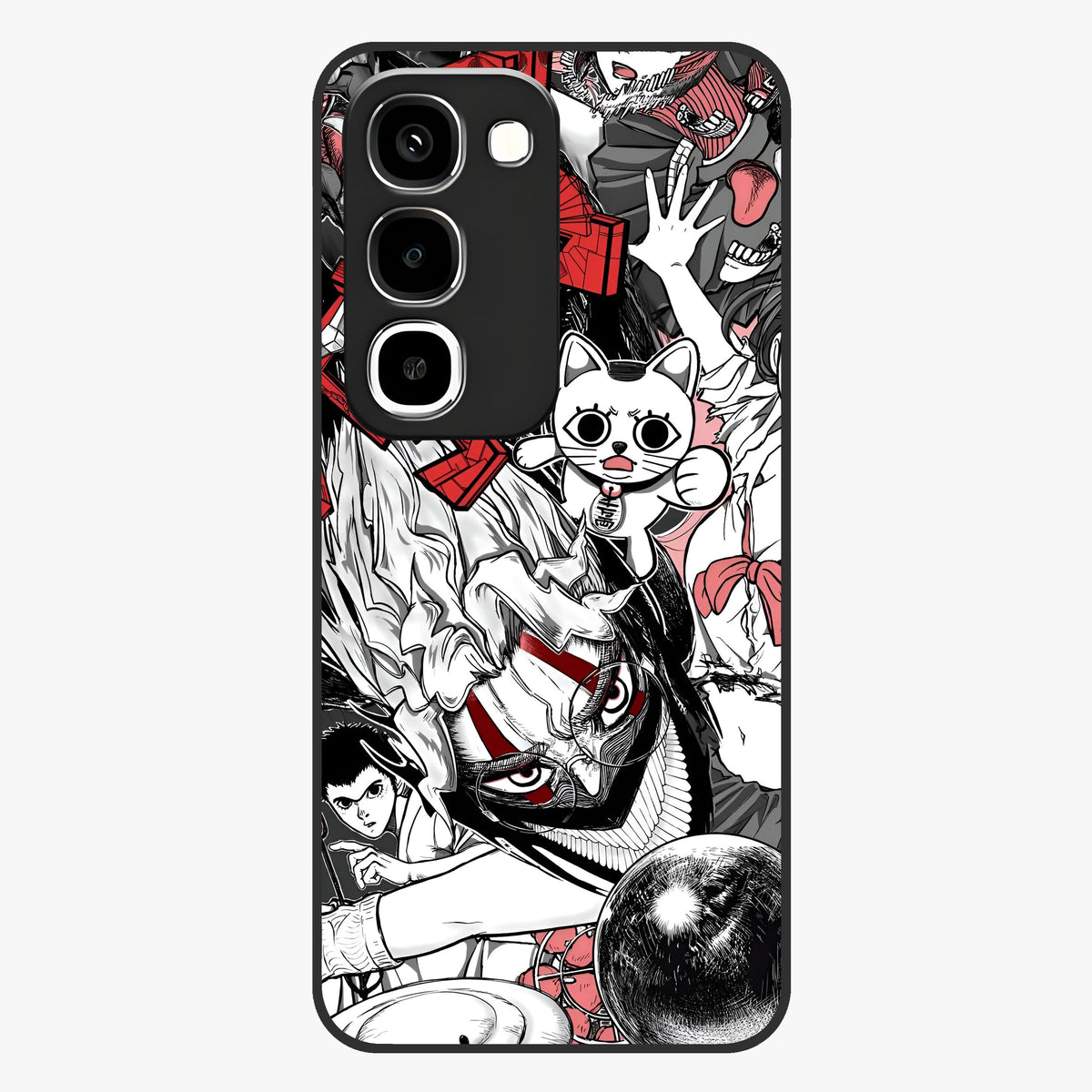 Crimson Chaos Panel Glass Case showing flat back view with bold crimson abstract artwork and glossy glass finish.