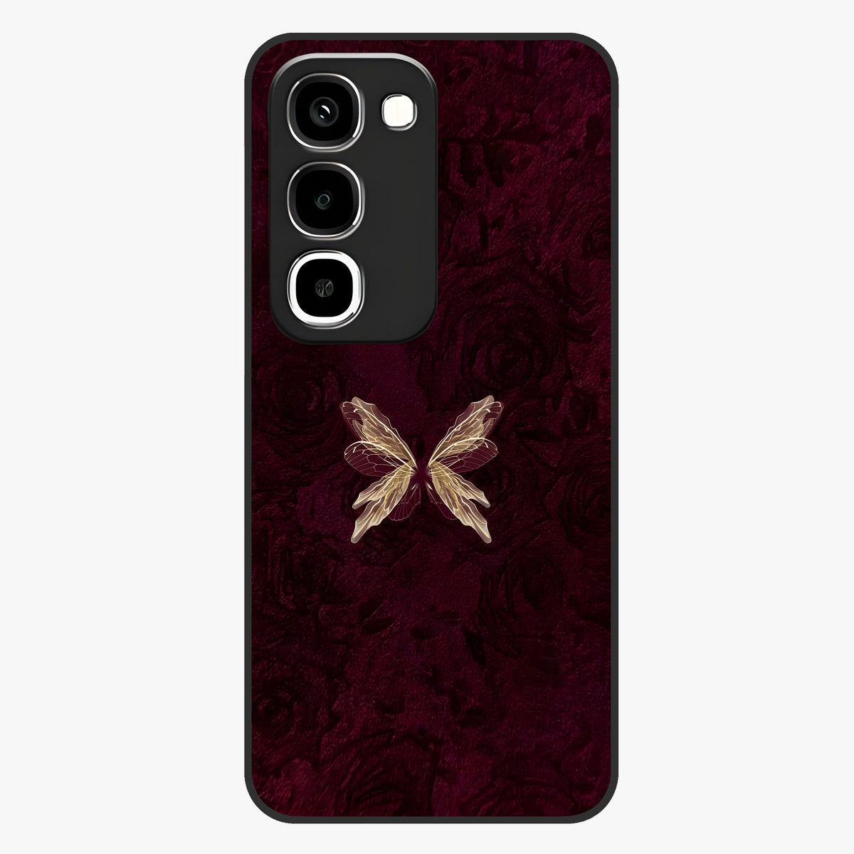 Crimson Fade Butterfly Glass Case showing flat back view with fading butterfly artwork and glossy glass finish.