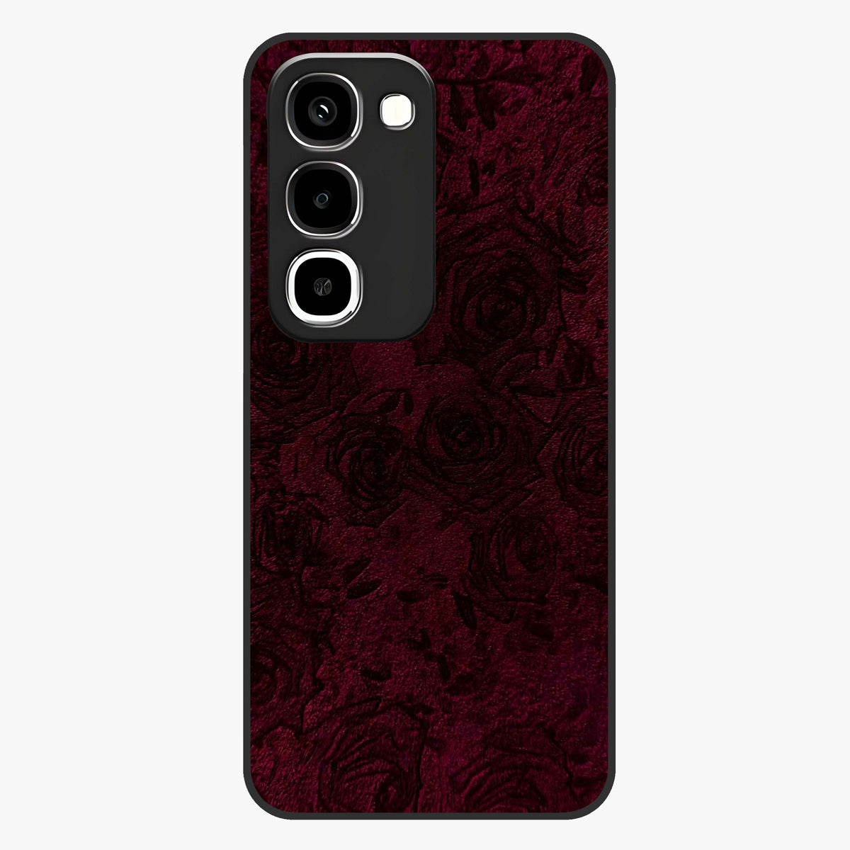Crimson Fade Flow Glass Case showing flat back view with flowing crimson gradient artwork and glossy glass finish.