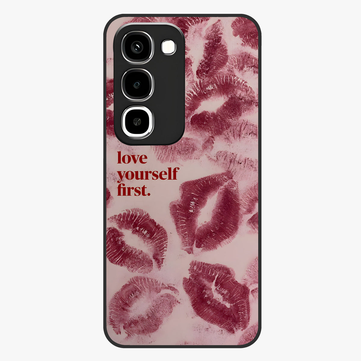 Crimson Kiss Love Glass Case showing flat back view with romantic crimson themed artwork and glossy glass finish.