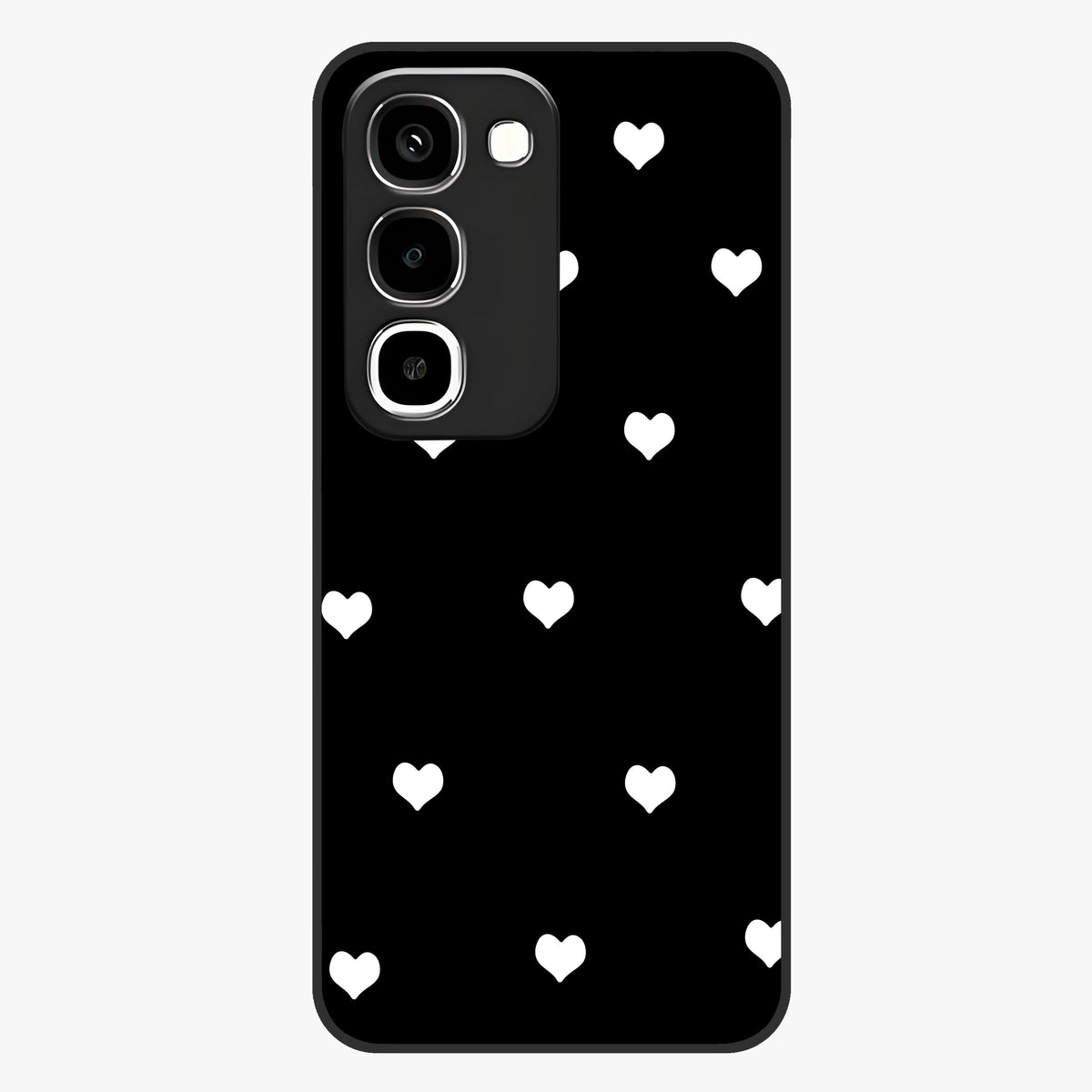 Cute And Simple White Hearts Glass Case showing flat back view with minimal white heart pattern and glossy glass finish.