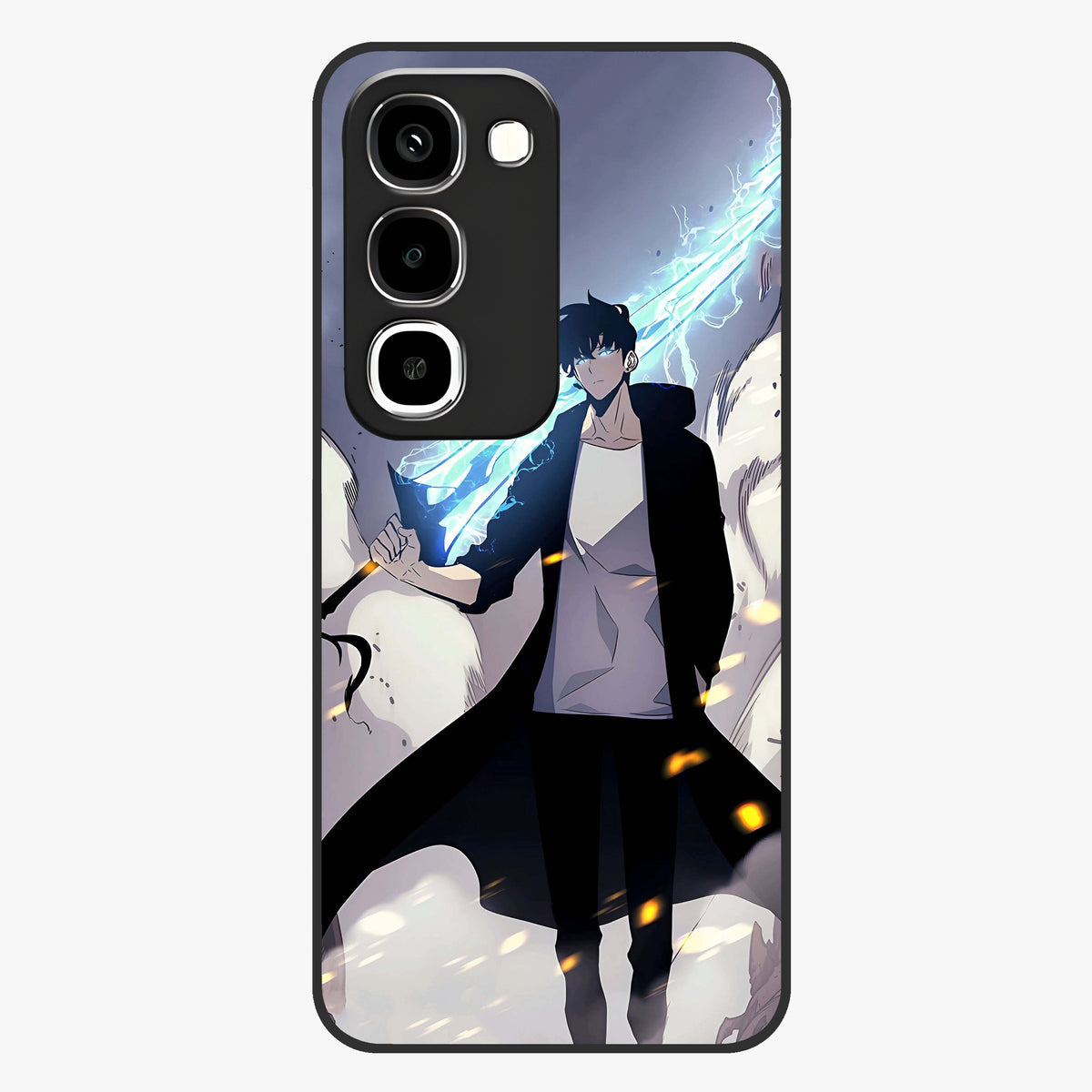 Dark Lightning Anime Warrior Glass Case showing flat back view with intense anime warrior artwork and glossy glass finish.