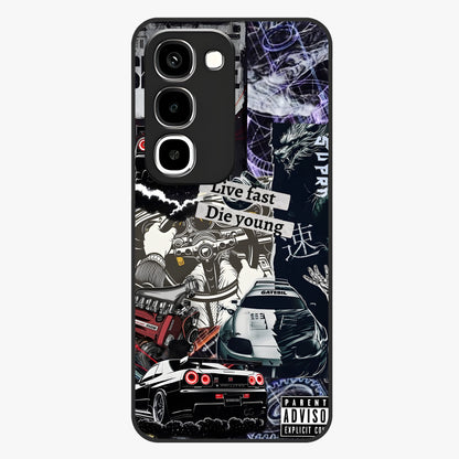 Die Young Glass Case showing flat back view with bold artistic typography design and glossy glass finish.