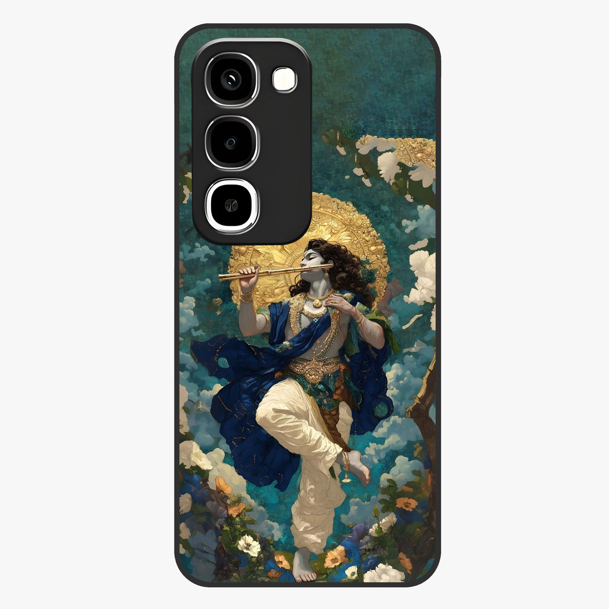 Divine Krishna Art Glass Case showing flat back view with Lord Krishna artwork and glossy glass finish.