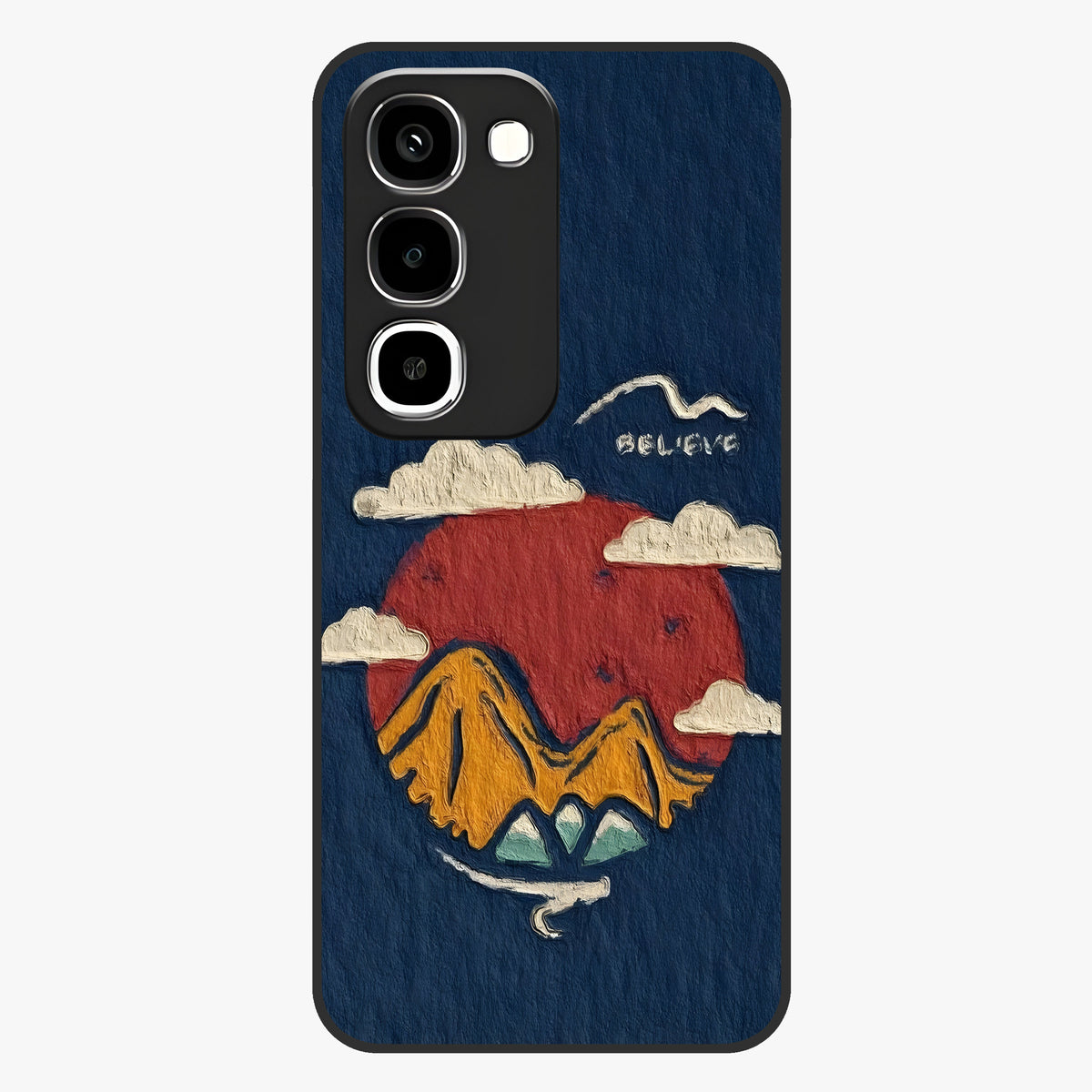 Dream Beyond Mountains Glass Case showing flat back view with scenic mountain landscape artwork and glossy glass finish.