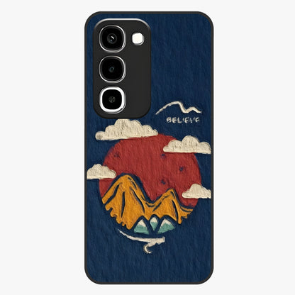 Dream Beyond Mountains Glass Case showing flat back view with scenic mountain landscape artwork and glossy glass finish.