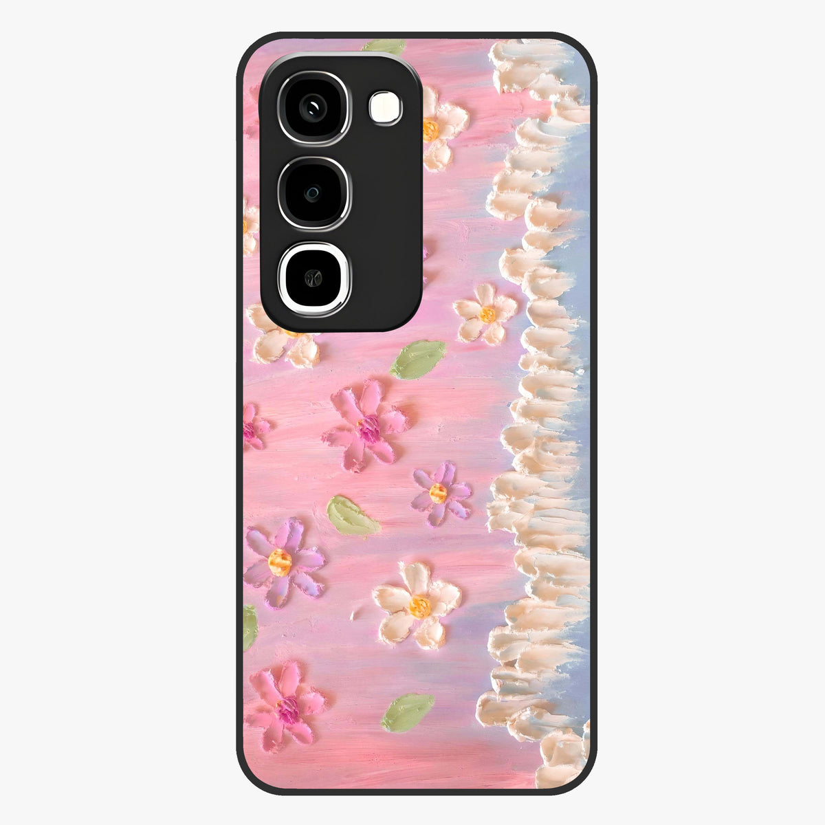 Dreamy Painted Garden Glass Case showing flat back view with artistic painted floral garden artwork and glossy glass finish.