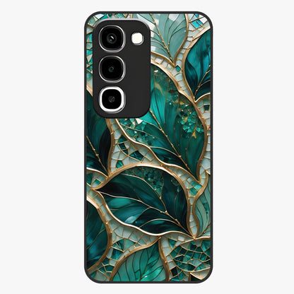 Emerald Leaf Glass Glass Case showing flat back view with emerald green leaf artwork and glossy glass finish.