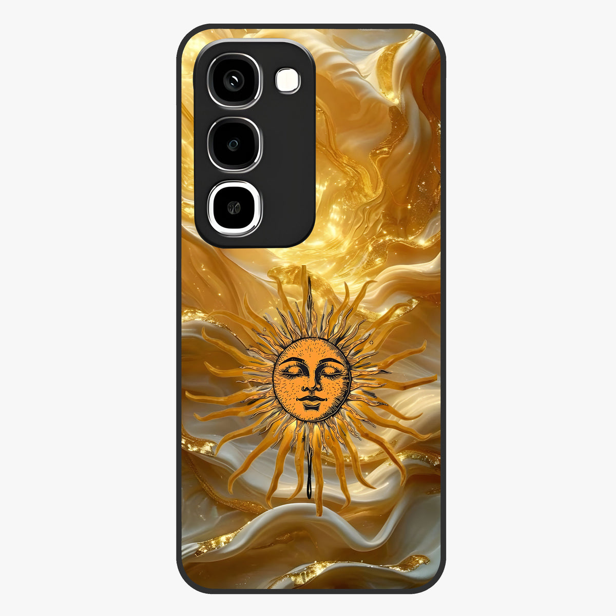 Eternal Golden Glow Glass Case showing flat back view with radiant golden themed artwork and glossy glass finish.