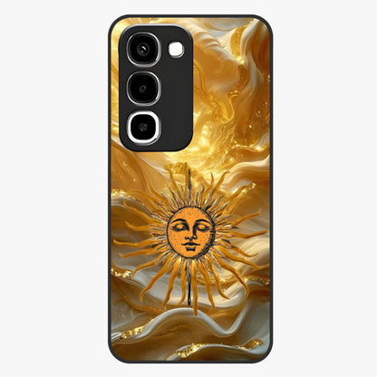 Eternal Golden Glow Glass Case showing flat back view with radiant golden themed artwork and glossy glass finish.