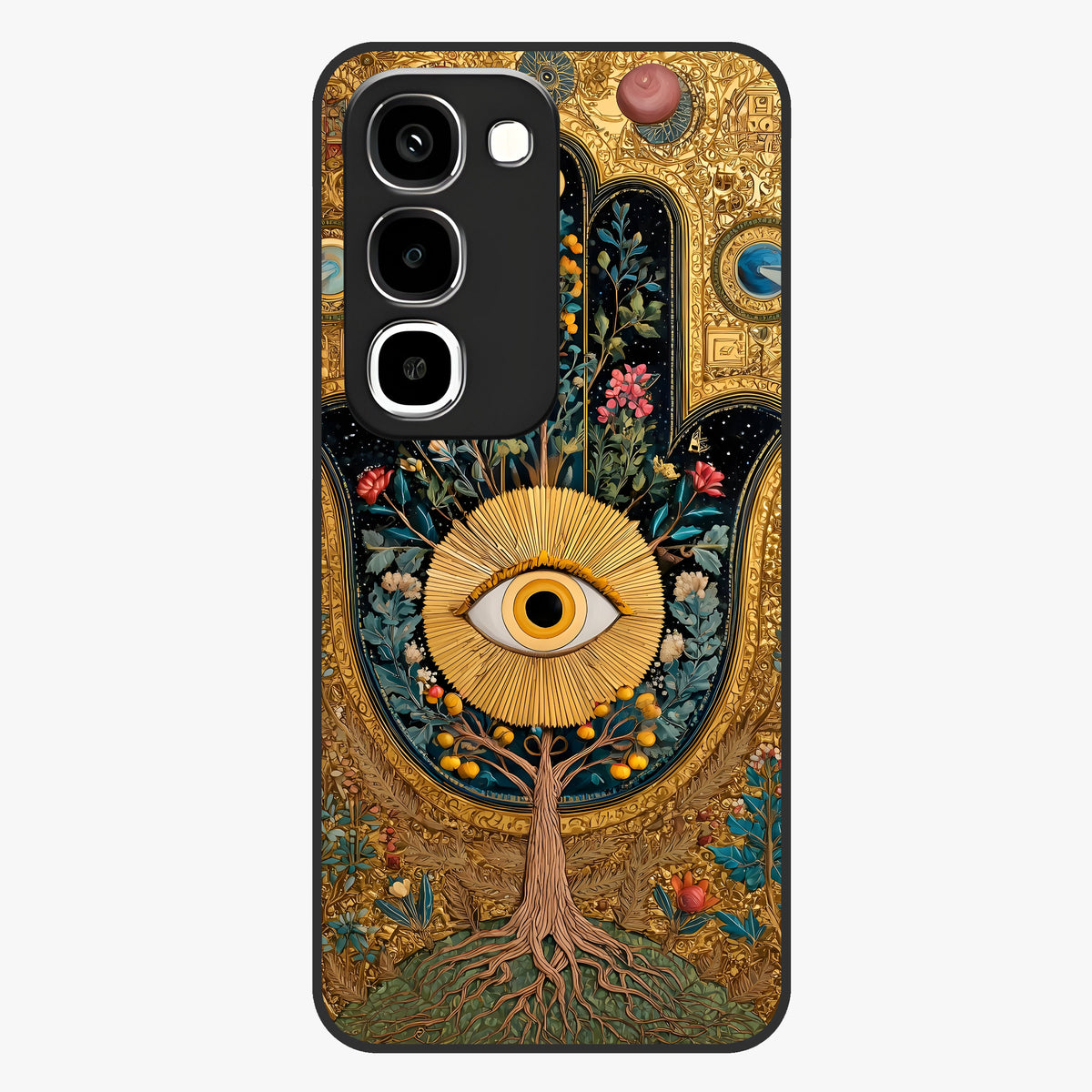 Ethereal Evil Eye Glass Case showing flat back view with mystical evil eye artwork and glossy glass finish.