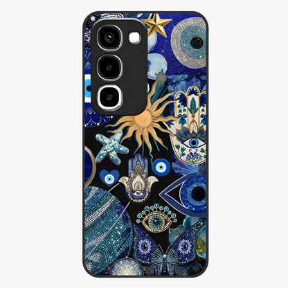 Evil Eye Charm Mix Glass Case showing flat back view with multiple evil eye charms artwork and glossy glass finish.
