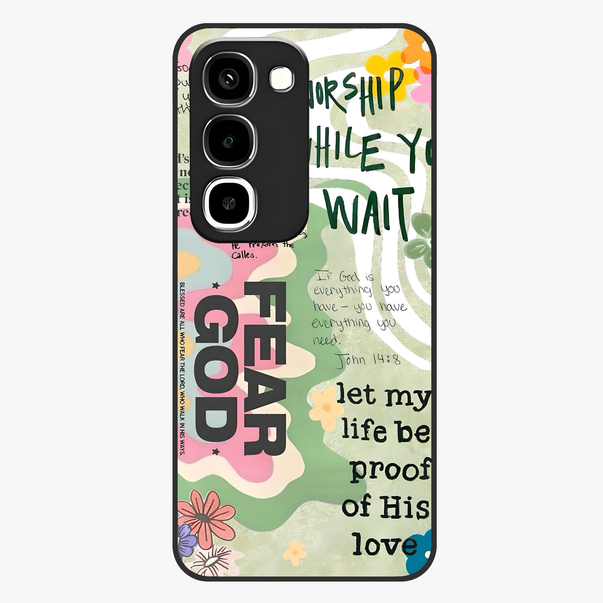 Faith Over Fear Glass Case showing flat back view with motivational typography artwork and glossy glass finish.