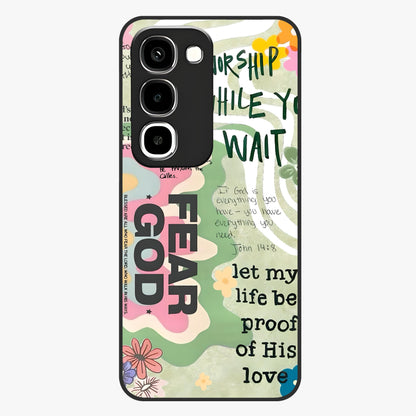 Faith Over Fear Glass Case showing flat back view with motivational typography artwork and glossy glass finish.