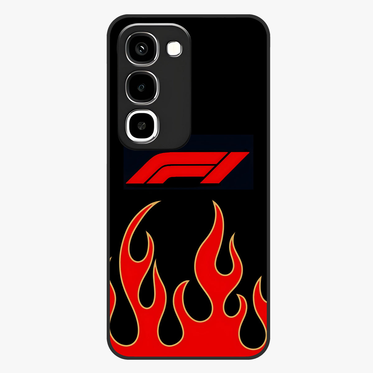 Fire F11 Glass Case showing flat back view with fiery themed artwork and glossy glass finish.