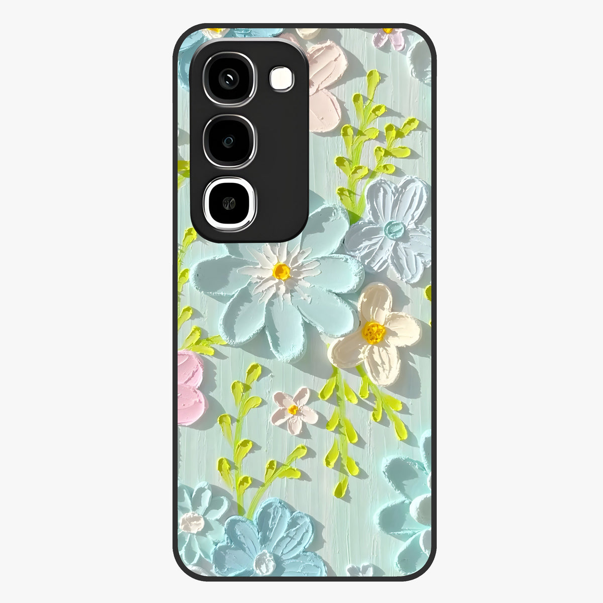 Frosted Petal Garden Glass Case showing flat back view with soft frosted floral artwork and glossy glass finish.